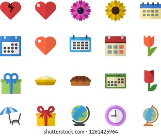 Color flat icon set pie flat vector, flower, tulip, calendar, present, heart, clock, chaise lounge fector, globe