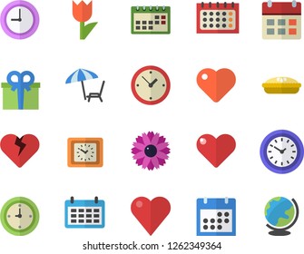 Color flat icon set pie flat vector, flower, tulip, calendar, clock, present, heart, chaise lounge fector, globe