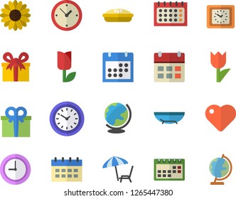 Color flat icon set pie flat vector, flower, tulip, calendar, clock, present, heart, sea beach fector, chaise lounge, globe