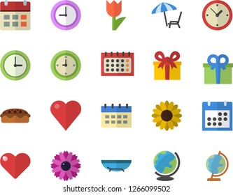 Color flat icon set pie flat vector, flower, tulip, calendar, present, heart, clock, sea beach fector, chaise lounge, globe