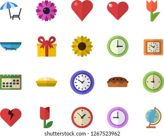 Color flat icon set pie flat vector, flower, tulip, clock, present, heart, calendar, sea beach fector, chaise lounge, globe
