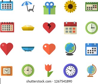 Color flat icon set pie flat vector, flower, tulip, calendar, clock, present, heart, sea beach fector, chaise lounge, globe