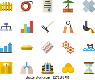 Color flat icon set pie flat vector, well, hose, fence, rake, metallurgy, pill packaging, patch, lungs, contract, chart, cogwheel, classification, achievement, weighing machine, carpal expander