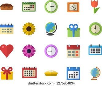 Color flat icon set pie flat vector, flower, tulip, calendar, clock, present, heart, globe