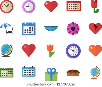 Color flat icon set pie flat vector, flower, tulip, calendar, clock, present, heart, sea beach fector, chaise lounge, globe