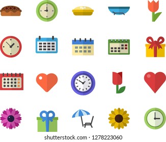 Color flat icon set pie flat vector, flower, tulip, calendar, clock, present, heart, sea beach fector, chaise lounge