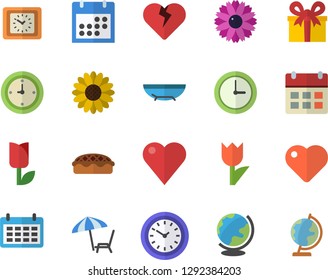 Color flat icon set pie flat vector, flower, tulip, calendar, clock, present, heart, sea beach fector, chaise lounge, globe