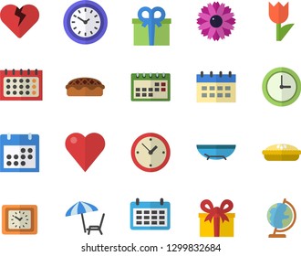 Color flat icon set pie flat vector, flower, tulip, calendar, clock, present, heart, sea beach fector, chaise lounge, globe