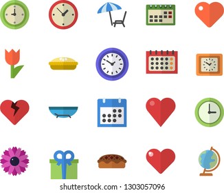 Color flat icon set pie flat vector, flower, tulip, calendar, clock, present, heart, sea beach fector, chaise lounge, globe