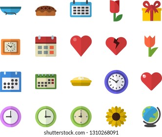 Color flat icon set pie flat vector, flower, tulip, calendar, clock, present, heart, sea beach fector, globe
