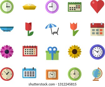 Color flat icon set pie flat vector, flower, tulip, calendar, clock, present, heart, sea beach fector, chaise lounge, globe