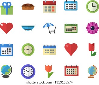 Color flat icon set pie flat vector, flower, tulip, calendar, clock, present, heart, sea beach fector, chaise lounge, globe