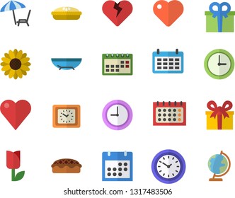 Color flat icon set pie flat vector, flower, tulip, calendar, clock, present, heart, sea beach fector, chaise lounge, globe