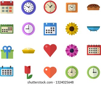 Color flat icon set pie flat vector, flower, tulip, calendar, clock, present, heart, sea beach fector