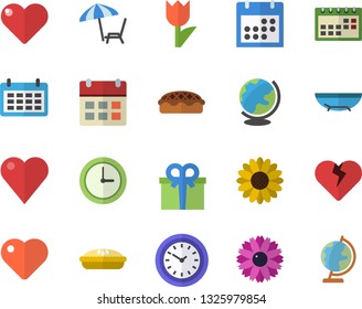 Color flat icon set pie flat vector, flower, tulip, calendar, clock, present, heart, sea beach fector, chaise lounge, globe