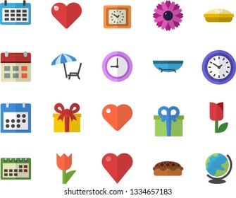 Color flat icon set pie flat vector, flower, tulip, calendar, clock, present, heart, sea beach fector, chaise lounge, globe