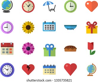 Color flat icon set pie flat vector, flower, tulip, calendar, clock, present, heart, sea beach fector, chaise lounge, globe