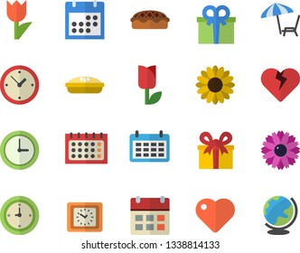 Color flat icon set pie flat vector, flower, tulip, calendar, clock, present, heart, chaise lounge fector, globe