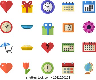 Color flat icon set pie flat vector, flower, tulip, calendar, clock, present, heart, sea beach fector, chaise lounge, globe