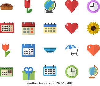 Color flat icon set pie flat vector, flower, tulip, calendar, present, heart, clock, sea beach  , chaise lounge, globe