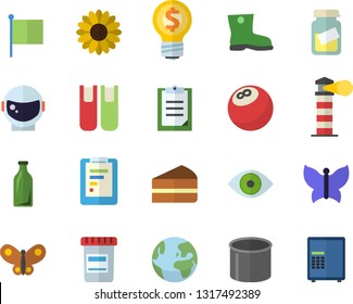 Color flat icon set piece of cake flat vector, flower, gumboots, butterflies, pipe production, glass bottles, lighthouse, graphic report, idea, flag, vial, medical analysis, eye, clipboard, book
