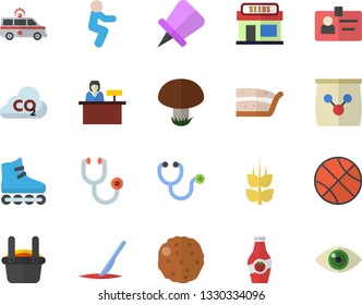 Color flat icon set piece of cake flat vector, cutlet, ketchup, ear, mushroom, grain warehouse, fertilizer vectory, carbon dioxide, metallurgy, stethoscope, ambulance, scalpel, badge, basketball