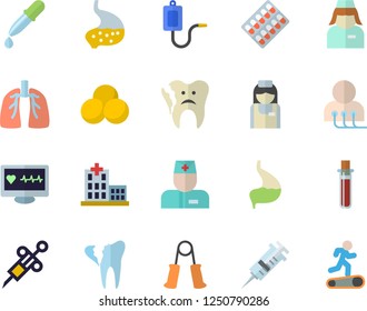 Color flat icon set pill packaging flat vector, medical warmer, pipette, blood test, syringe, computer diagnostics of health, hospital, physician, nurse, broken tooth, stomach, lungs, pills