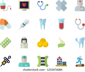 Color flat icon set pill packaging flat vector, blood transfusion, test, syringe, computer diagnostics of health, hospital, physician, stethoscope, patch, nurse, caries, broken tooth, stomach, pills