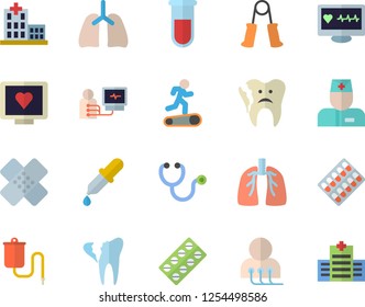 Color flat icon set pill packaging flat vector, medical warmer, pipette, blood test, computer diagnostics of health, hospital, physician, stethoscope, patch, broken tooth, lungs, carpal expander