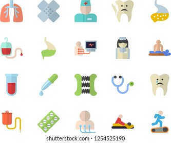 Color flat icon set pill packaging flat vector, medical warmer, blood transfusion, pipette, test, physician, stethoscope, massage, patch, diagnostics, nurse, caries, broken tooth, stomach, lungs