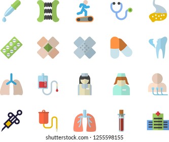 Color flat icon set pill packaging flat vector, medical warmer, blood transfusion, pipette, test, syringe, stethoscope, patch, diagnostics, nurse, broken tooth, stomach, lungs, carpal expander