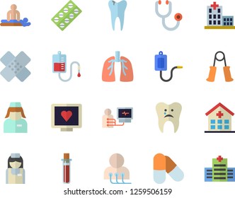 Color flat icon set pill packaging flat vector, medical warmer, blood transfusion, test, computer diagnostics of health, hospital, stethoscope, massage, patch, nurse, caries, lungs, carpal expander