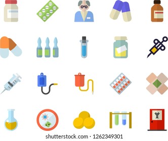 Color flat icon set pill packaging flat vector, pills, vial, medical warmer, syringe, analysis, patch, ampoule, scientist, beakers, Petri dish, vitamins, doctor's office fector