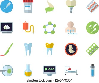 Color flat icon set pill packaging flat vector, vial, medical warmer, computer diagnostics of health, hospital bed, analysis, ultrasound, embryo, scalpel, sperm, artificial insemination, tooth