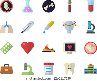 Color flat icon set pill packaging flat vector, vial, pipette, blood test, heart, computer diagnostics of health, microscope, briefcase, massage, headache, embryo, caries, bone fracture, lungs