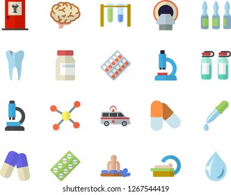 Color flat icon set pill packaging flat vector, pills, pipette, microscope, massage, ambulance, ampoule, tomograph, caries, molecule, beakers, brain, vitamins, doctor's office fector, drop