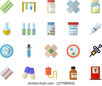 Color flat icon set pill packaging flat vector, pills, vial, medical warmer, syringe, analysis, patch, ampoule, beakers, Petri dish, vitamins, doctor's office vector