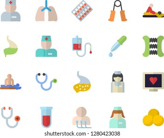 Color flat icon set pill packaging flat vector, blood transfusion, pipette, test, computer diagnostics of health, physician, stethoscope, massage, nurse, stomach, lungs, carpal expander, pills