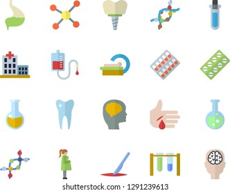 Color flat icon set pill packaging flat vector, blood transfusion, hospital, medical analysis, injury, tomograph, gestation, scalpel, DNA, tooth, implant, stomach, flask, molecule, beakers