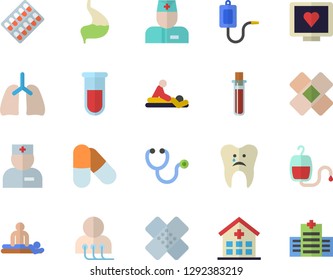 Color flat icon set pill packaging flat vector, medical warmer, blood transfusion, test, computer diagnostics of health, hospital, physician, stethoscope, massage, patch, caries, stomach, lungs