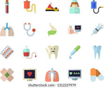 Color flat icon set pill packaging flat vector, medical warmer, blood transfusion, pipette, test, syringe, computer diagnostics of health, stethoscope, massage, patch, nurse, caries, broken tooth