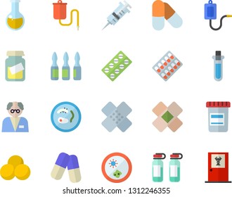 Color flat icon set pill packaging flat vector, pills, vial, medical warmer, syringe, analysis, patch, ampoule, scientist, beakers, Petri dish, doctor's office fector