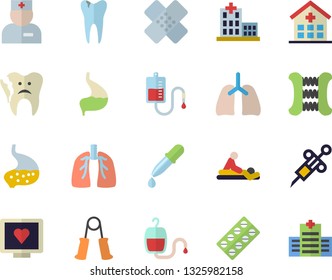 Color flat icon set pill packaging flat vector, blood transfusion, pipette, syringe, computer diagnostics of health, hospital, physician, massage, patch, caries, broken tooth, stomach, lungs, fector