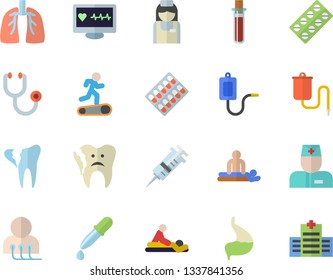 Color flat icon set pill packaging flat vector, medical warmer, pipette, blood test, syringe, computer diagnostics of health, physician, stethoscope, massage, nurse, broken tooth, stomach, lungs