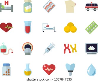 Color flat icon set pill packaging flat vector, blood transfusion, test, syringe, hospital bed, medical analysis, ambulance, ultrasound, tomograph, breast, chromosomes, implant, heartbeat, vitamins