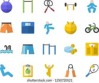 Color flat icon set pills flat vector, barbell, diet, weighing machine, bicycle, skipping rope, carpal expander, parallel bars, athletic shorts, fitball, gymnastics, swing press, pool, tennis fector