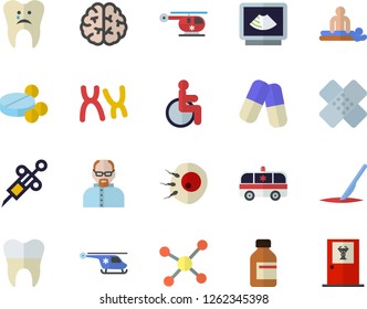 Color flat icon set pills flat vector, vial, syringe, disabled, massage, ambulance, patch, ultrasound, helicopter, scalpel, chromosomes, artificial insemination, caries, dental crowns, molecule