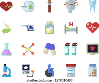 Color flat icon set pills flat vector, vial, blood test, computer diagnostics of health, disabled, microscope, hospital bed, medical analysis, headache, ampoule, ultrasound, helicopter, tooth, flask