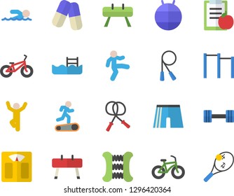 Color flat icon set pills flat vector, dumbbell, diet, weighing machine, bicycle, skipping rope, carpal expander, parallel bars, sports equipment horse, athletic shorts, fitball, Treadmill, swimming