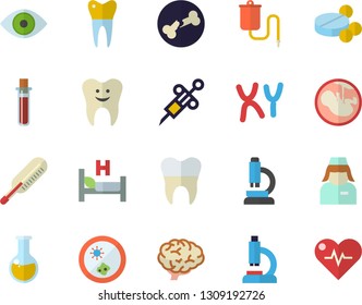 Color flat icon set pills flat vector, medical warmer, blood test, syringe, microscope, hospital bed, analysis, eye, embryo, nurse, chromosomes, tooth, dental crowns, bone fracture, Petri dish